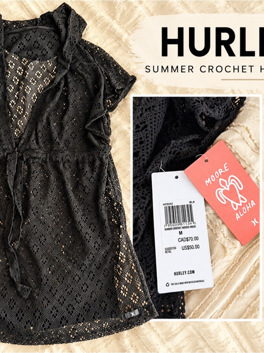 Hurley Black Crochet Beach Cover-Up Mini Dress